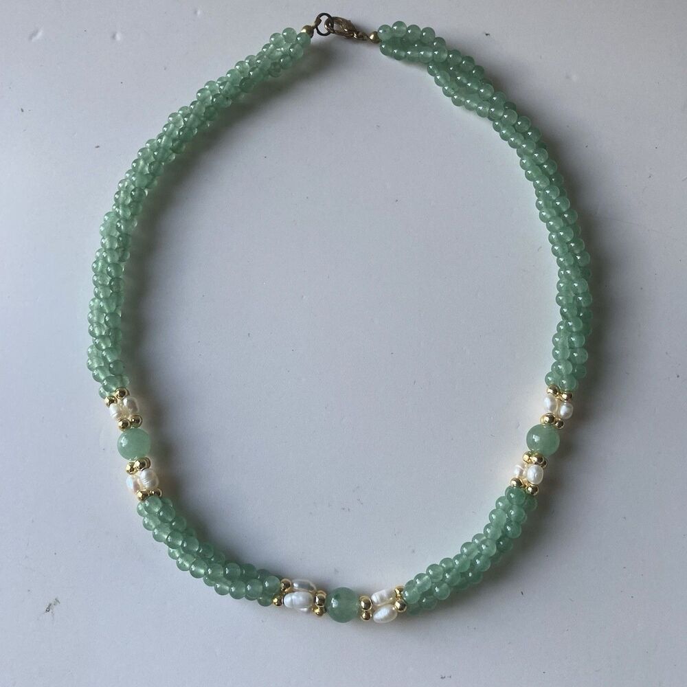 Vintage Aventurine  Gemstone and Rice Pearl Beaded Necklace Choker Runway Retro